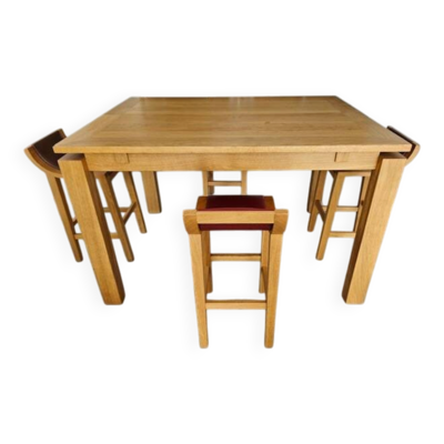 Table haute en bois massif extensible + 4 tabourets