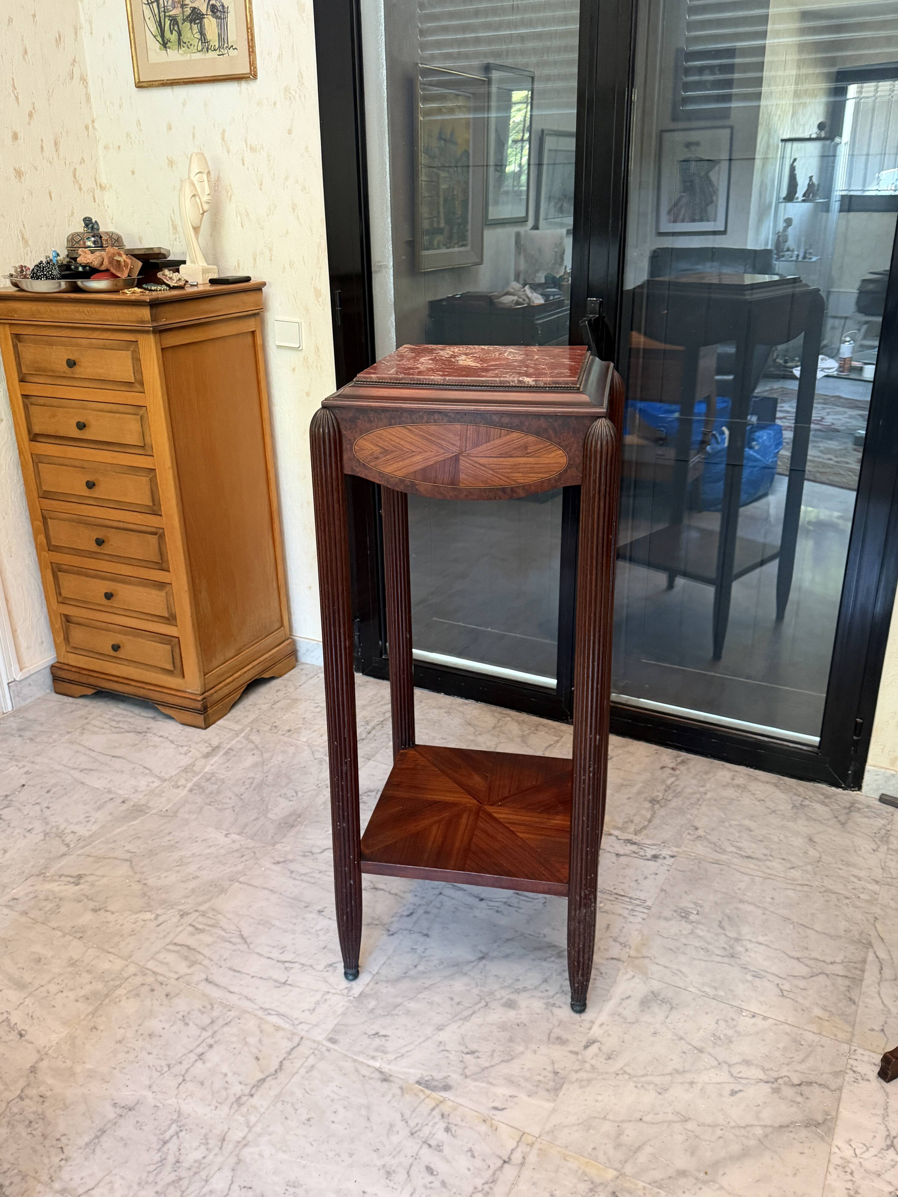Elegant antique side table in marquetry and red marble – Louis XVI style