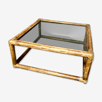 Vintage square coffee table in rattan and smoked glass