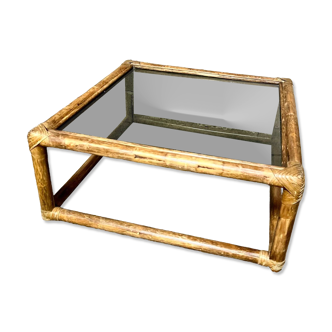 Vintage square coffee table in rattan and smoked glass