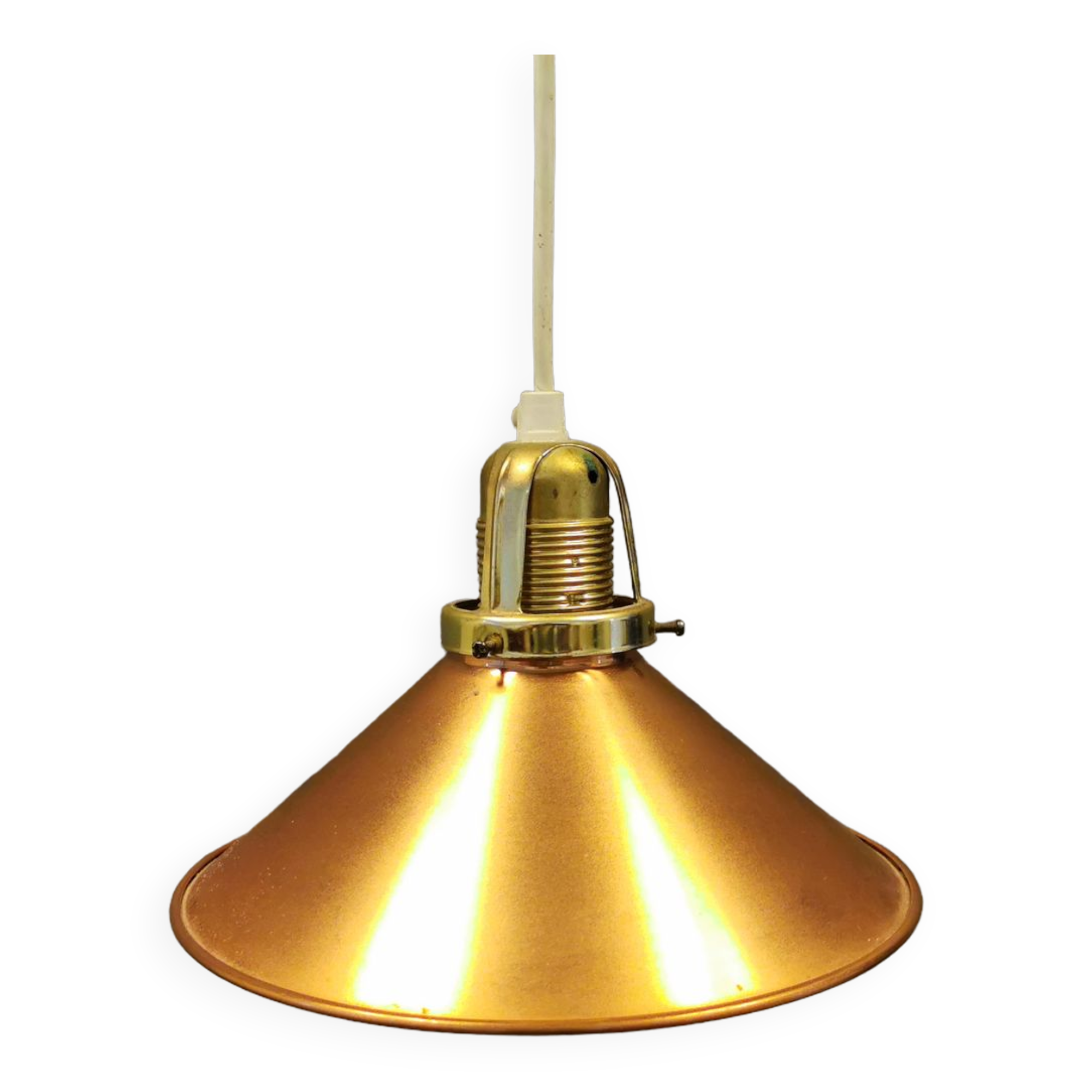 Copper hanging lamp with brass colored top and white inside lacquer.