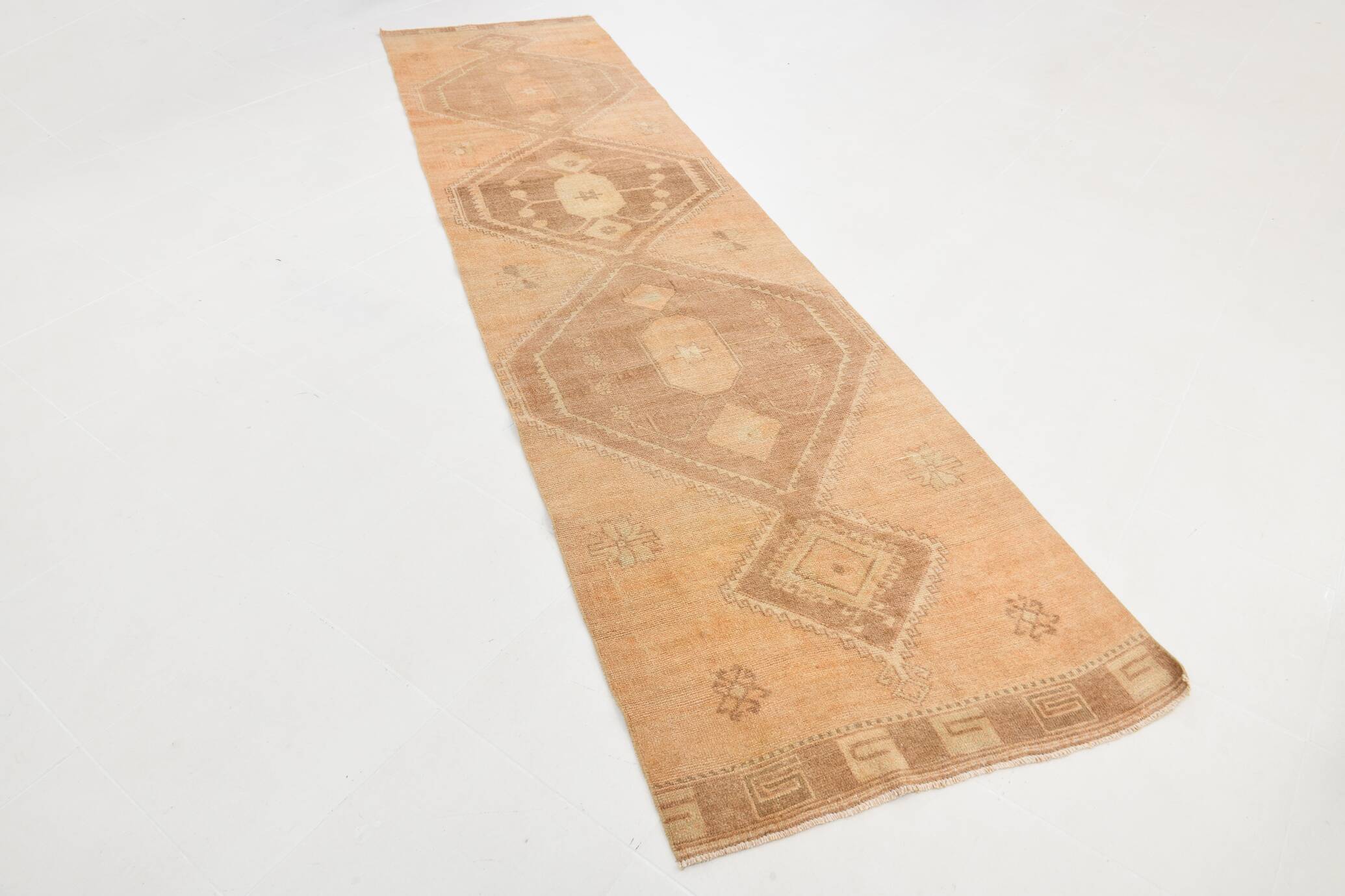 3x12 Cream & Brown Tribal Turkish Runner Rug, 95x377Cm