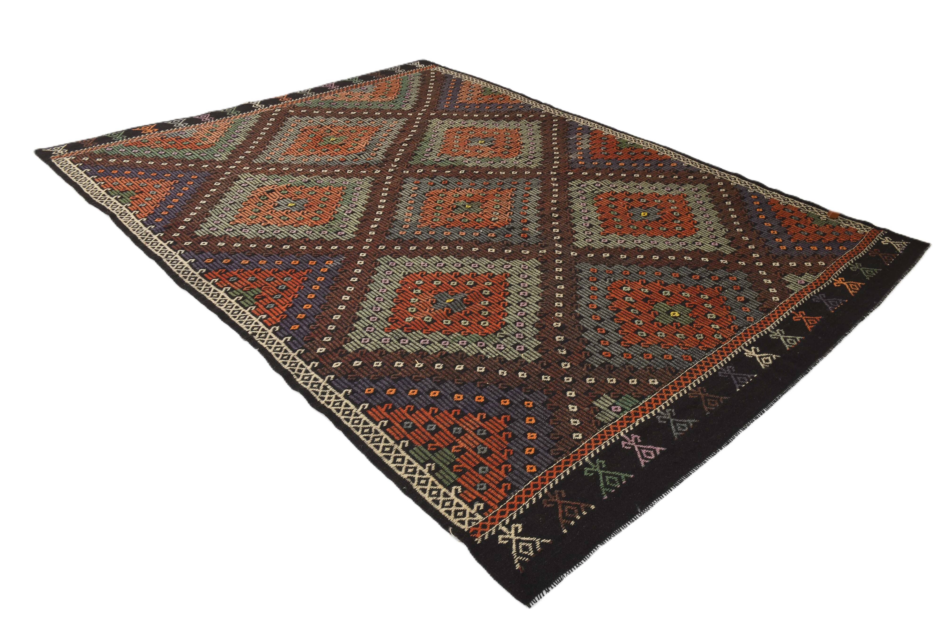 Tapis Kilim vintage fait main bordeaux et vert 7x10, 220x296 cm