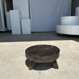 Small tripod stool low in dark brown upcycled teak