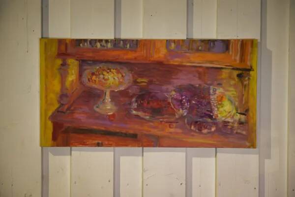 Tableau huile sur toile nature morte post-impressionniste Les cerises au vaisselier de L. Thuillier 2001