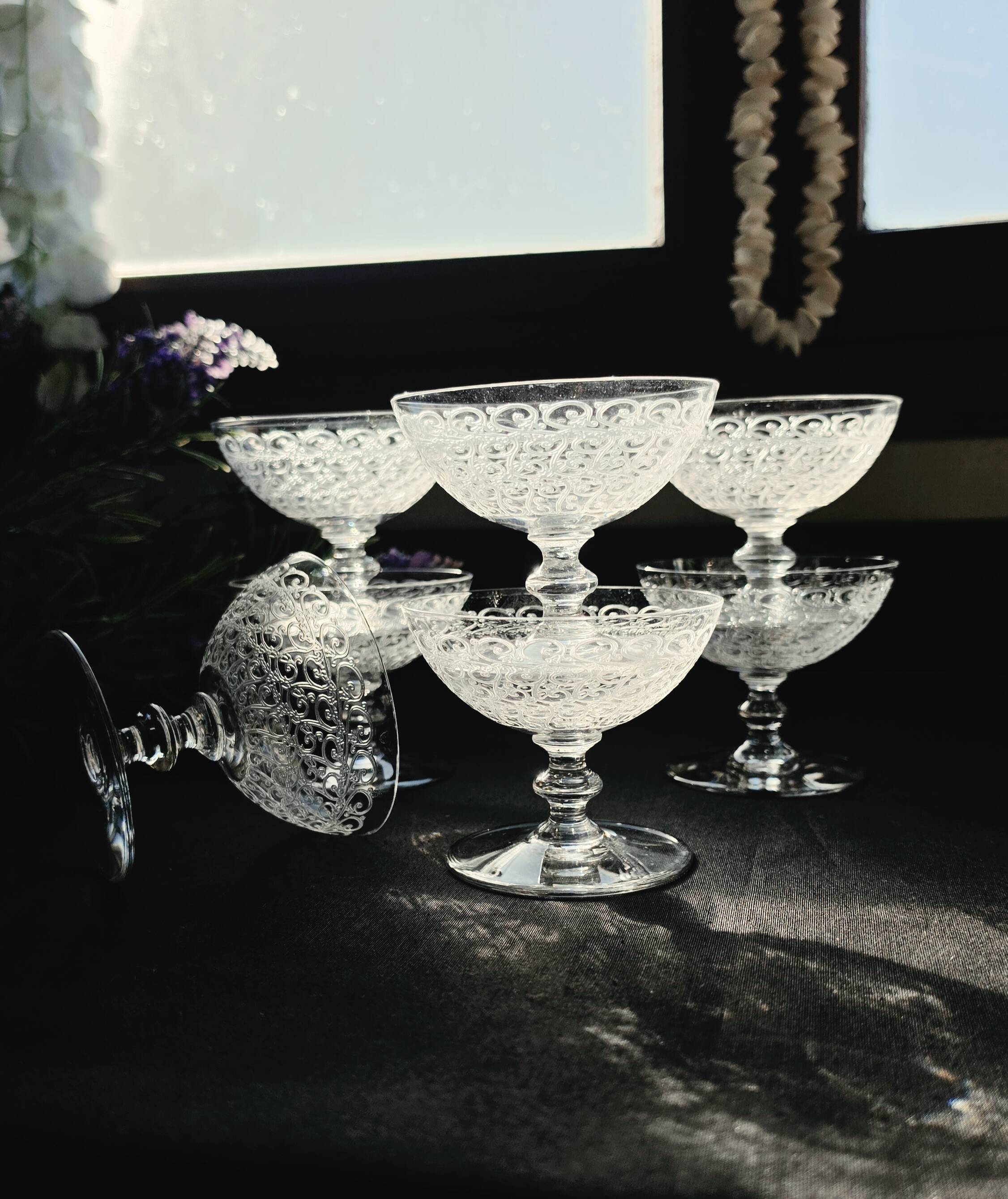 Exceptional set of 6 Baccarat Rohan Art crystal champagne flutes.