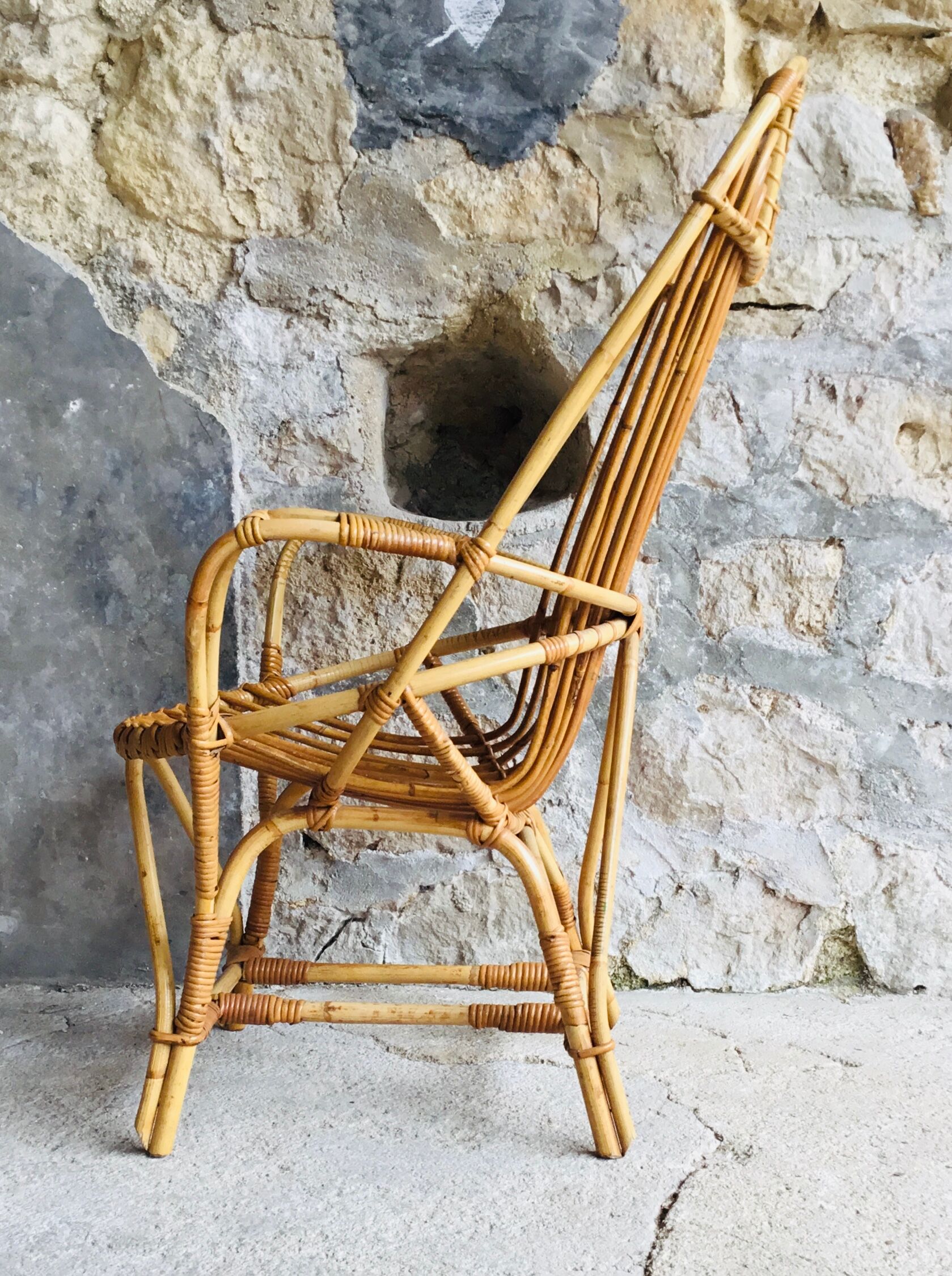 Large rattan armchair with armrests - vintage 1960