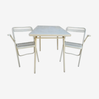 Folding table and its 2 folding chairs Souvignet from the 60s
