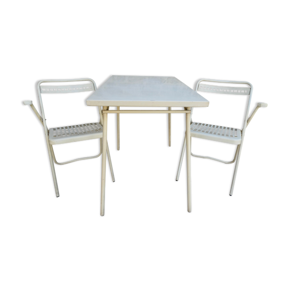 Table pliante et ses 2 chaises pliantes Souvignet des années 60