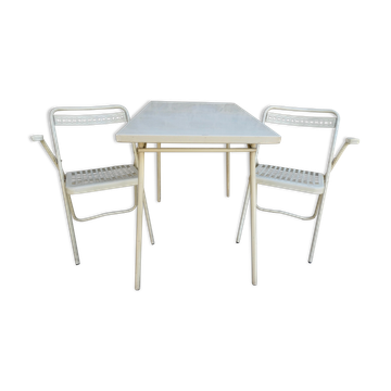 Folding table and its 2 folding chairs Souvignet from the 60s