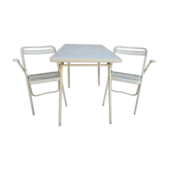 Folding table and its 2 folding chairs Souvignet from the 60s