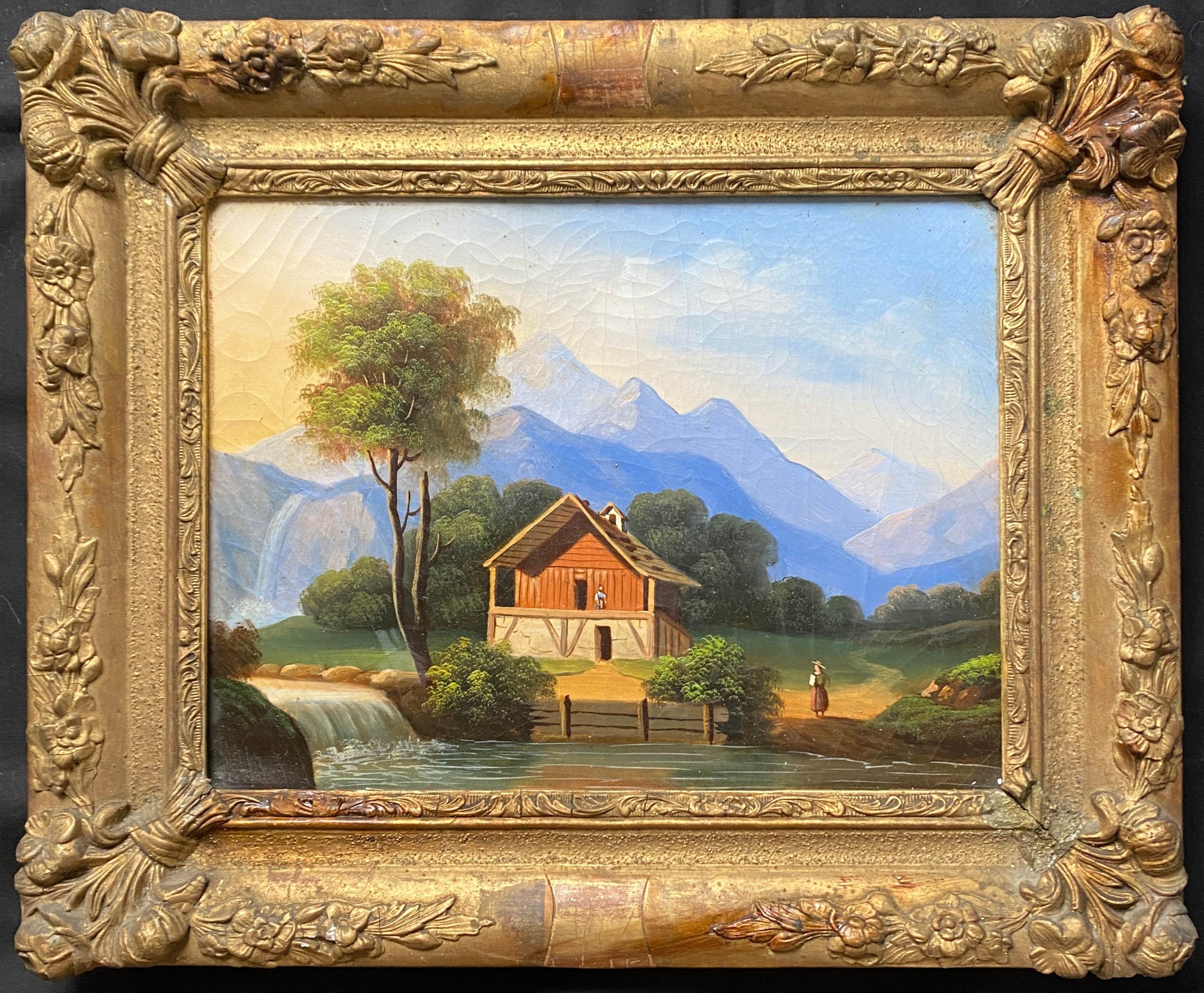 Table HST "Mountain landscape at the lively waterfall" XIX° + frame