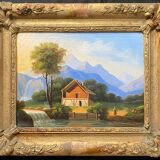 Tableau HST "Paysage de montagne à la cascade animé" XIX° + cadre