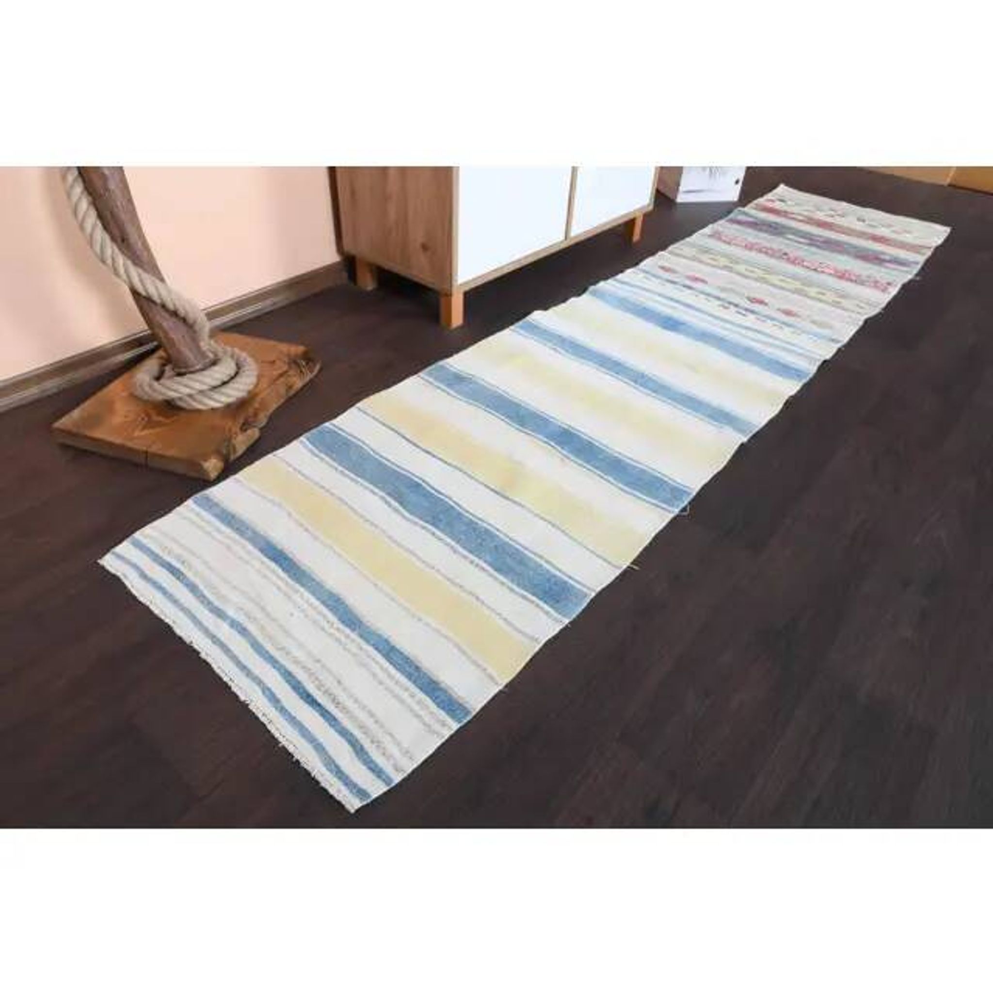 1970s Vintage Turkish Hand-Knotted Wool Cotton White Runner Rug 66x288