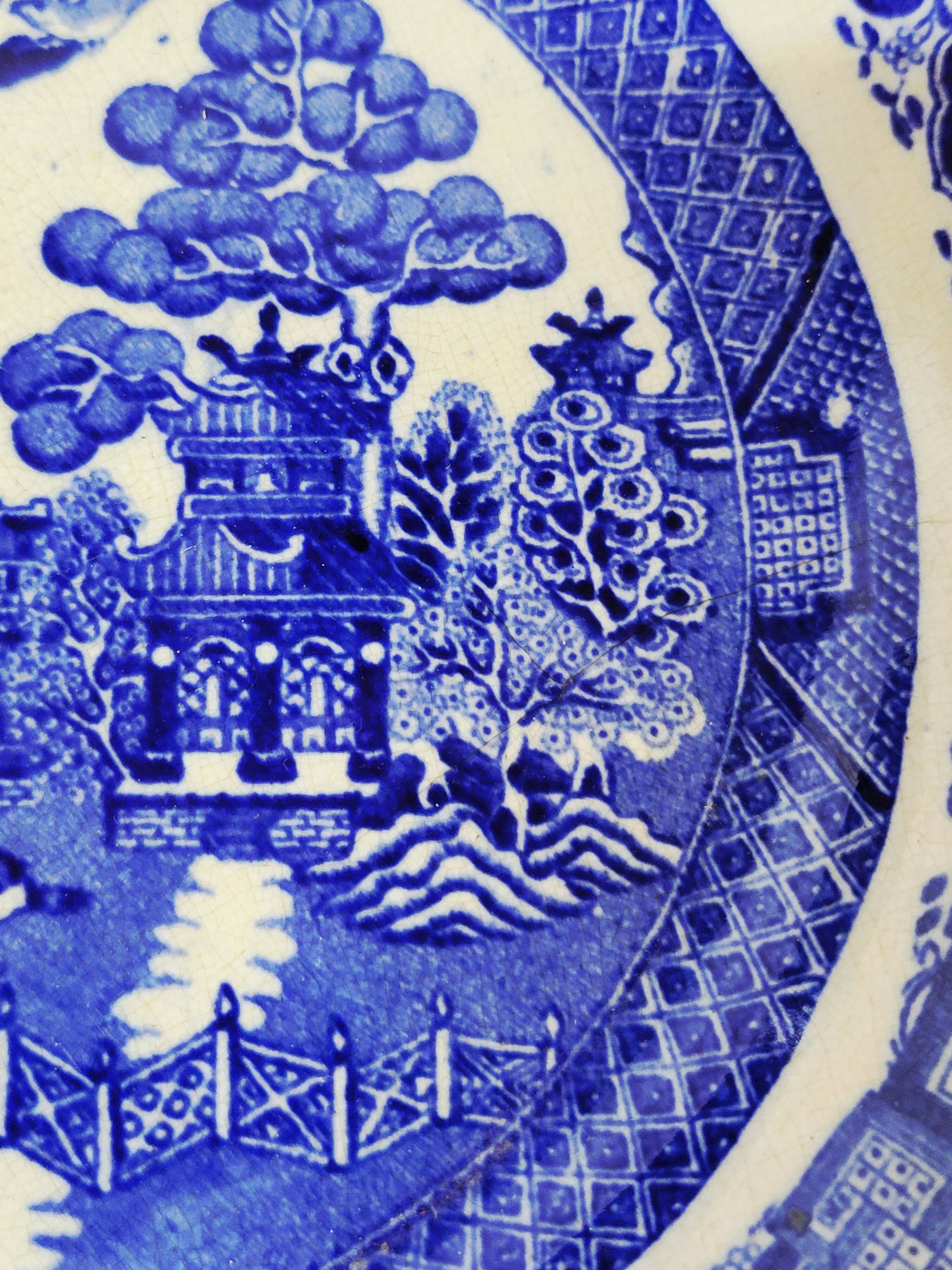 9 Antique Plates 19th Century Blue Willow Pattern Chinese Blue Decor