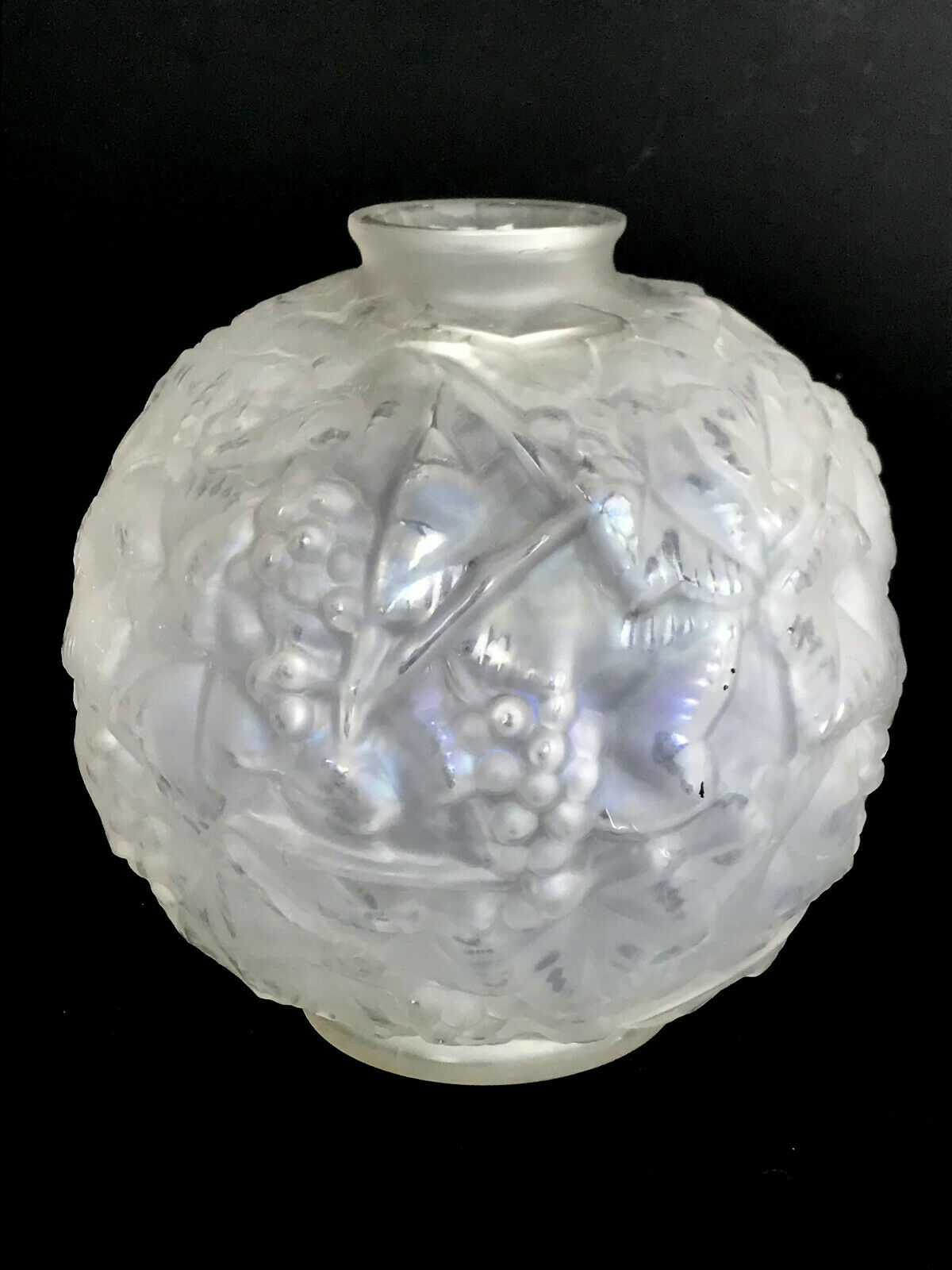 Pressed molded glass ball vase decorated with grape bunches