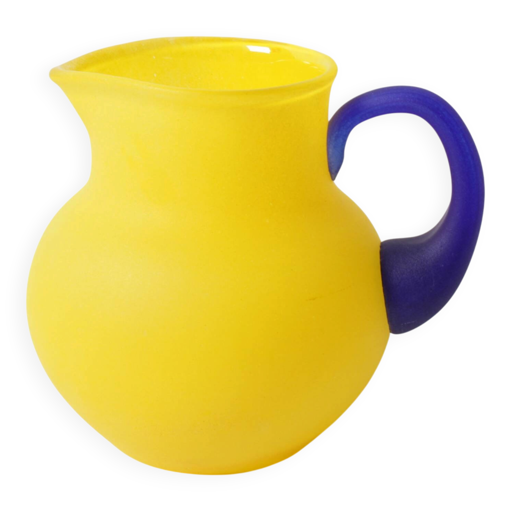 Small Vintage Frosted Glass Yellow and Blue Pitcher / Kosta Boda / Sweden /