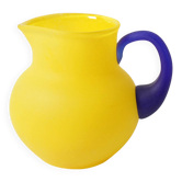 Small Vintage Frosted Glass Yellow and Blue Pitcher / Kosta Boda / Sweden /