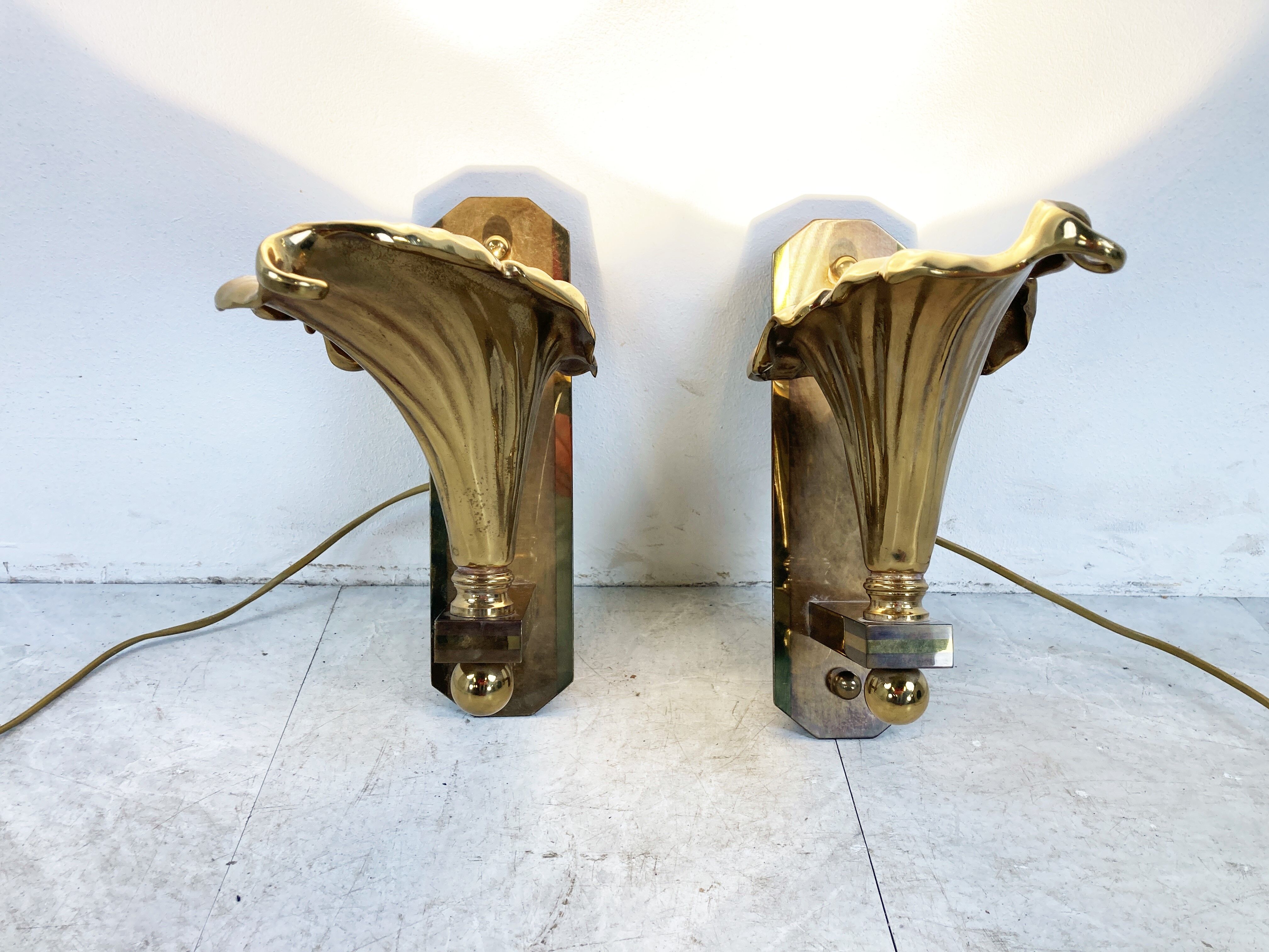 Pair of Bronze flower wall lamps, 1970s