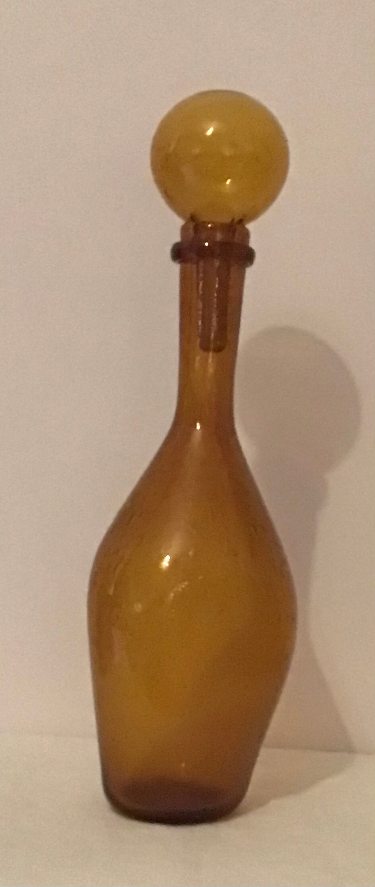 Carafe bubbled glass amber color signed Biot, vintage