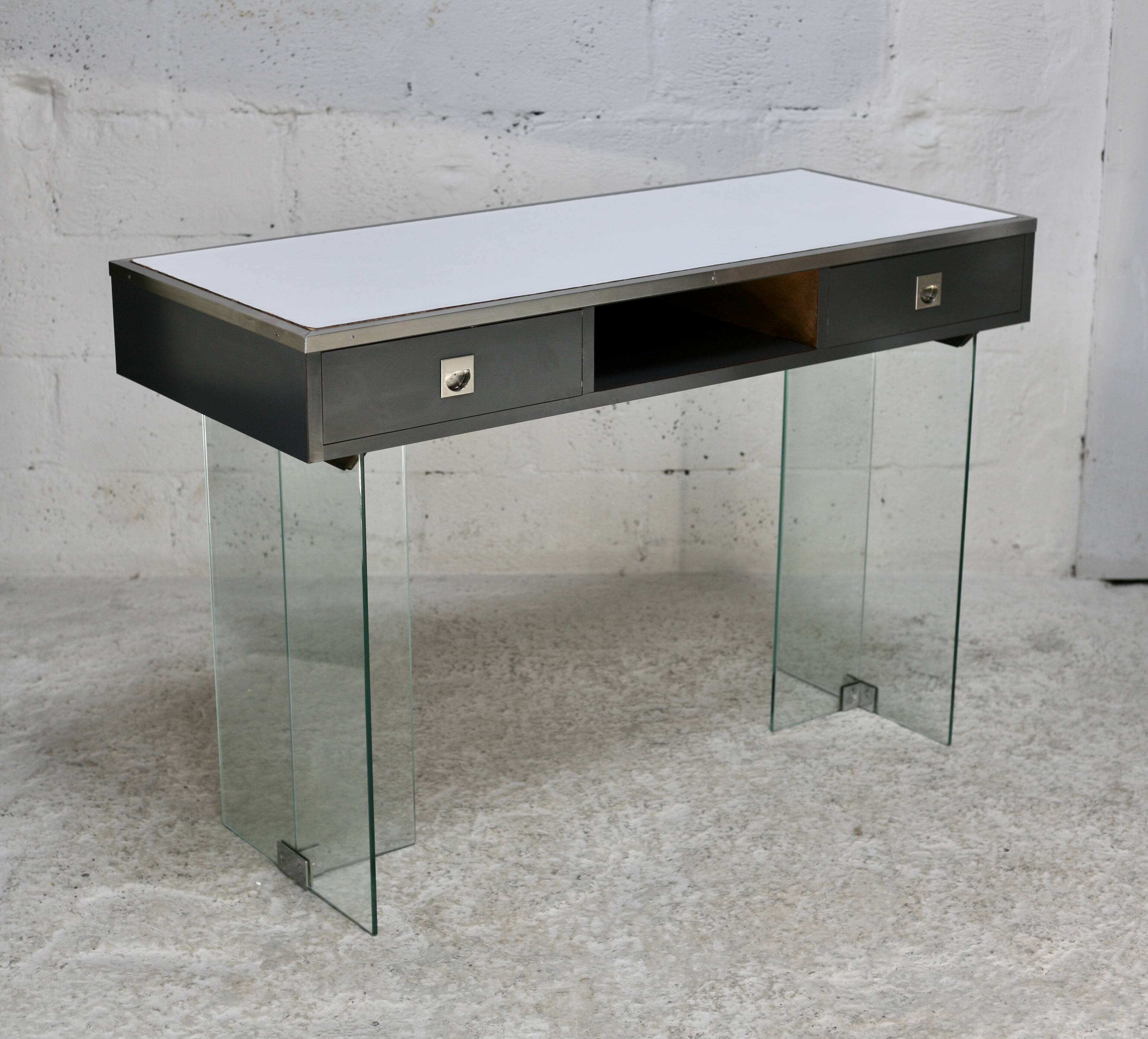 Modernist console, 60s, glass base, wooden and melamine top, white
