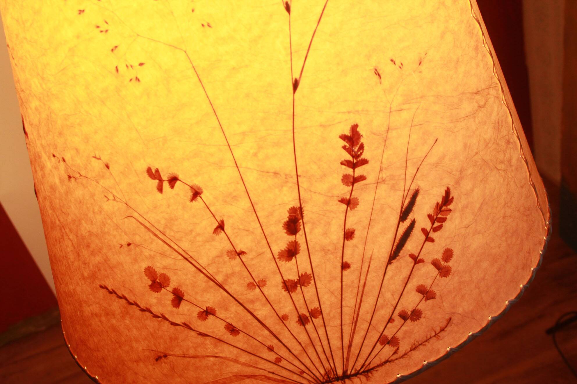 1950s floor lamp in brass and teak/shade with floral motif