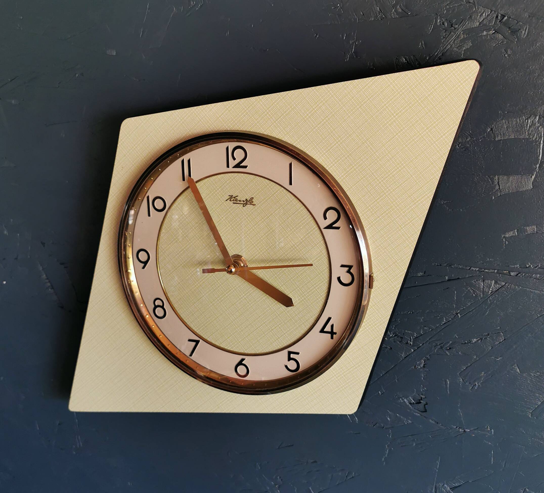Vintage formica clock silent asymmetrical wall pendulum "Kienzle green"