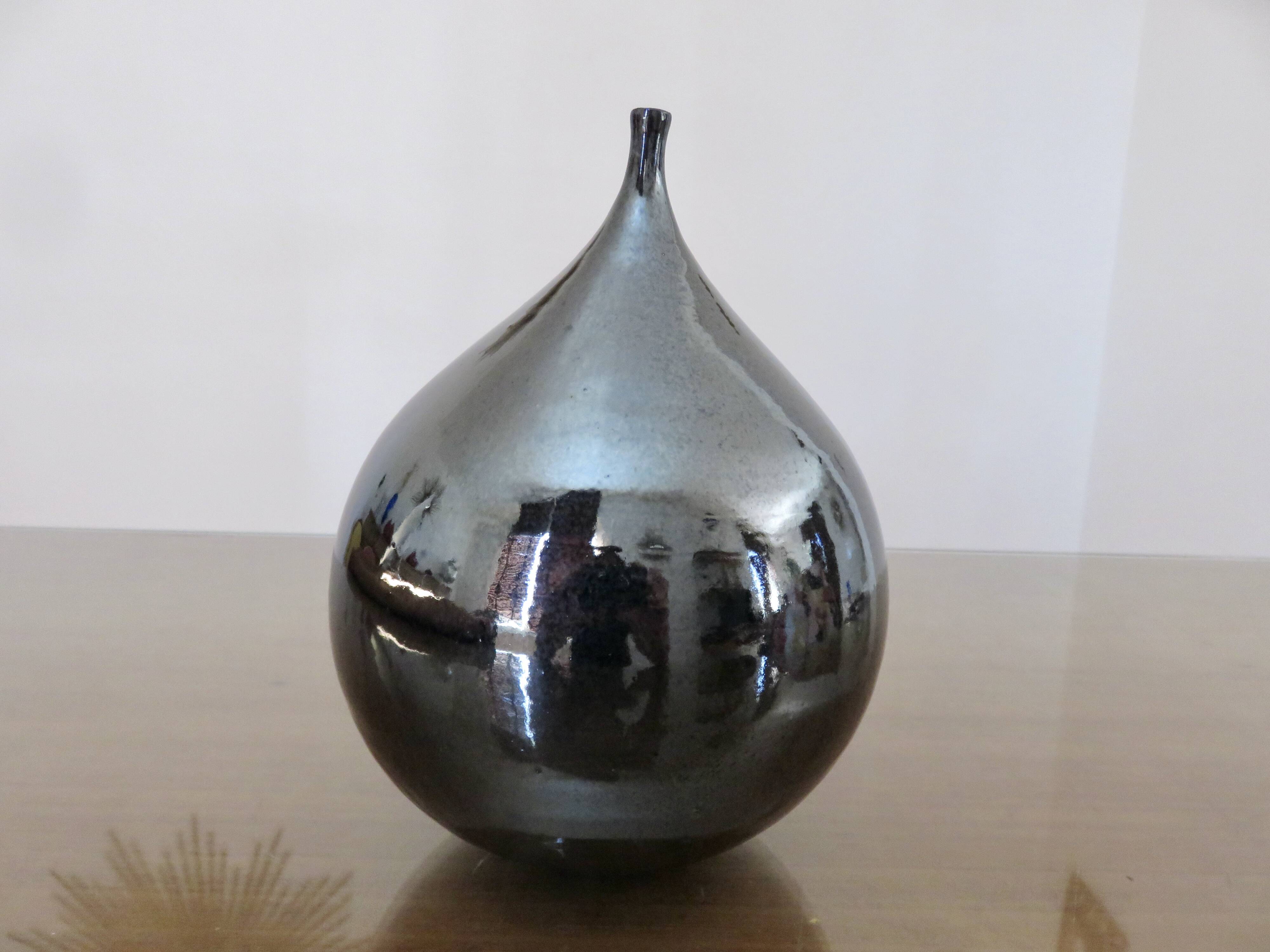 Vintage iridescent black ceramic "fig" vase