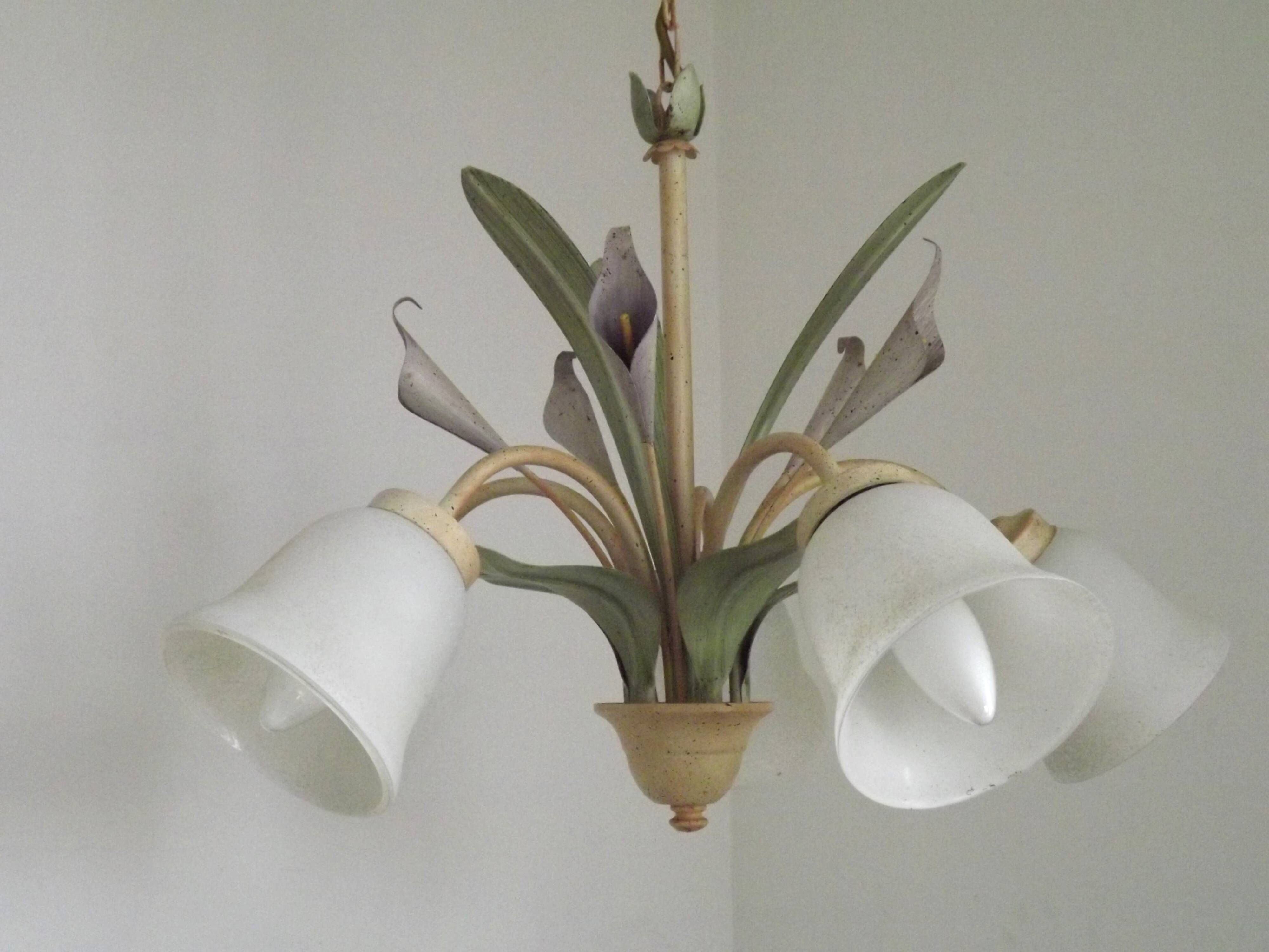 French Vintage 3 Light Lavender Lily Chandelier with Glass Shades 5480