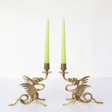 Pair of 19th century gilded brass “chimera” candlesticks