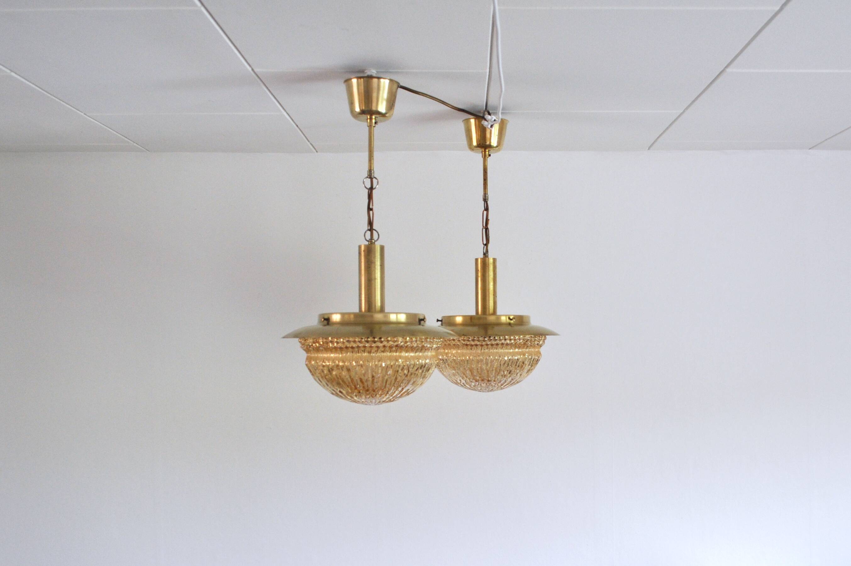 Danish Mid-Century Glass and Brass Chandeliers by Vitrika