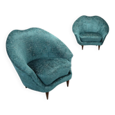 Pair of vintage armchairs in blue fabric and beech, Italy, 1950s