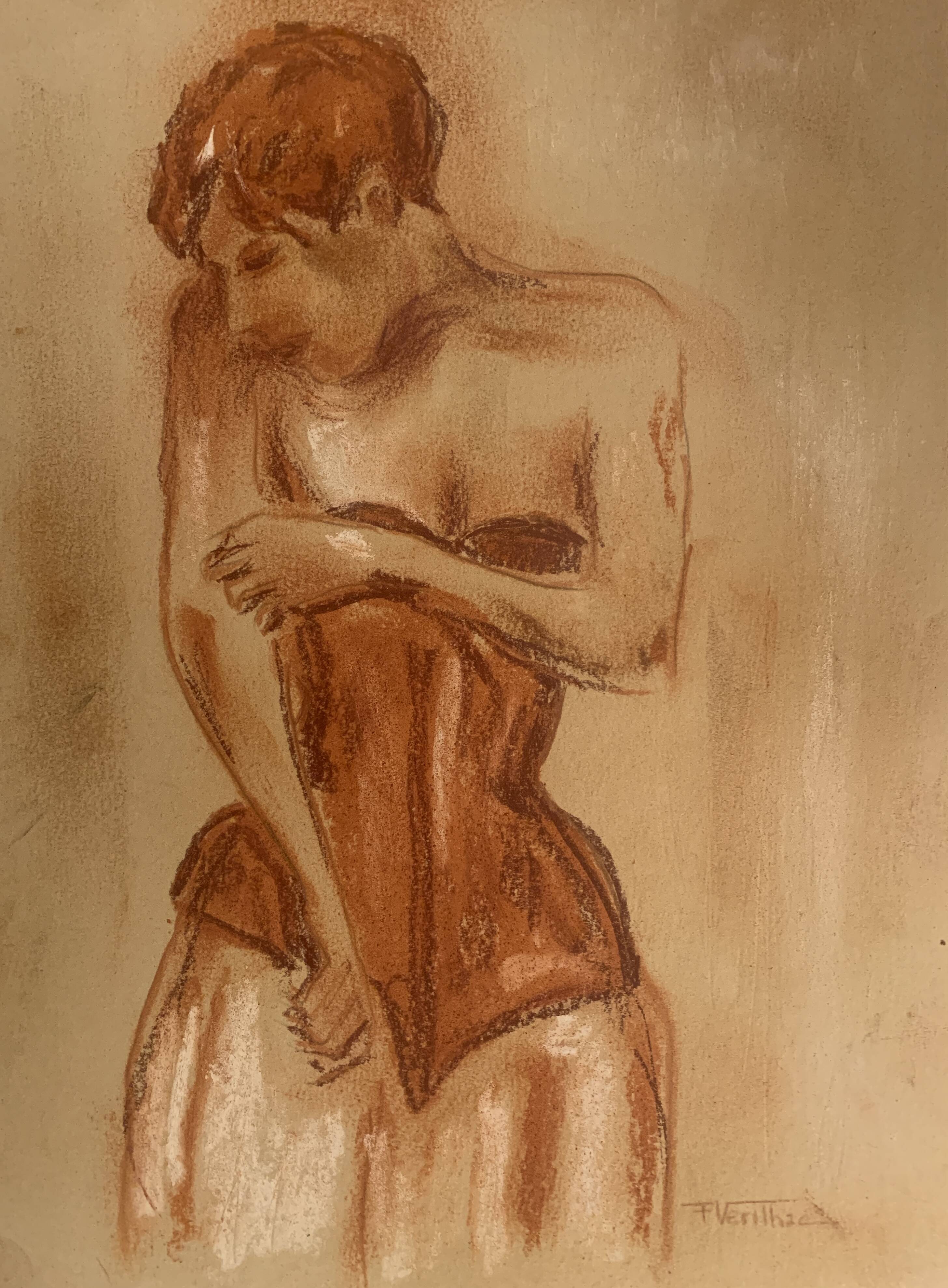 Signed pastel painting, female portrait, Belle Epoque “The Corset”