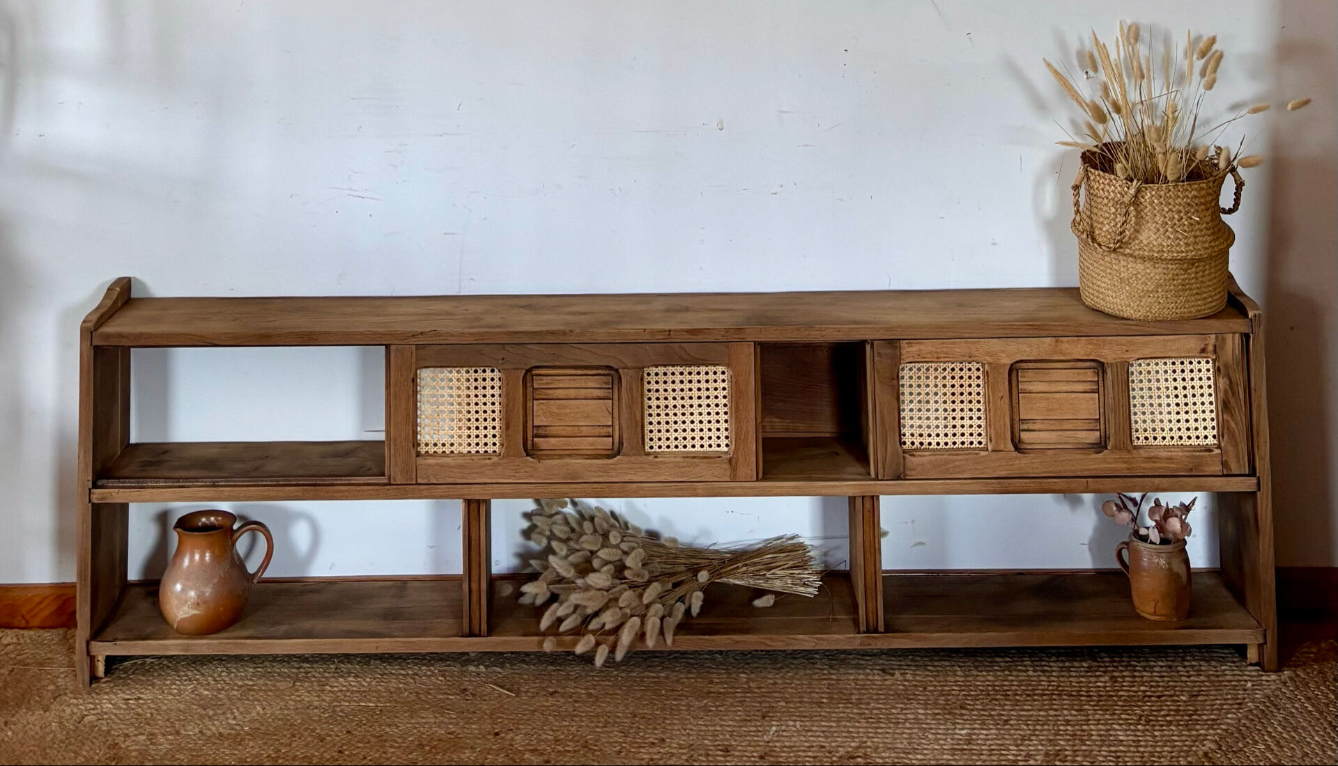 Vintage oak sideboard TV unit with raw finish and caning.