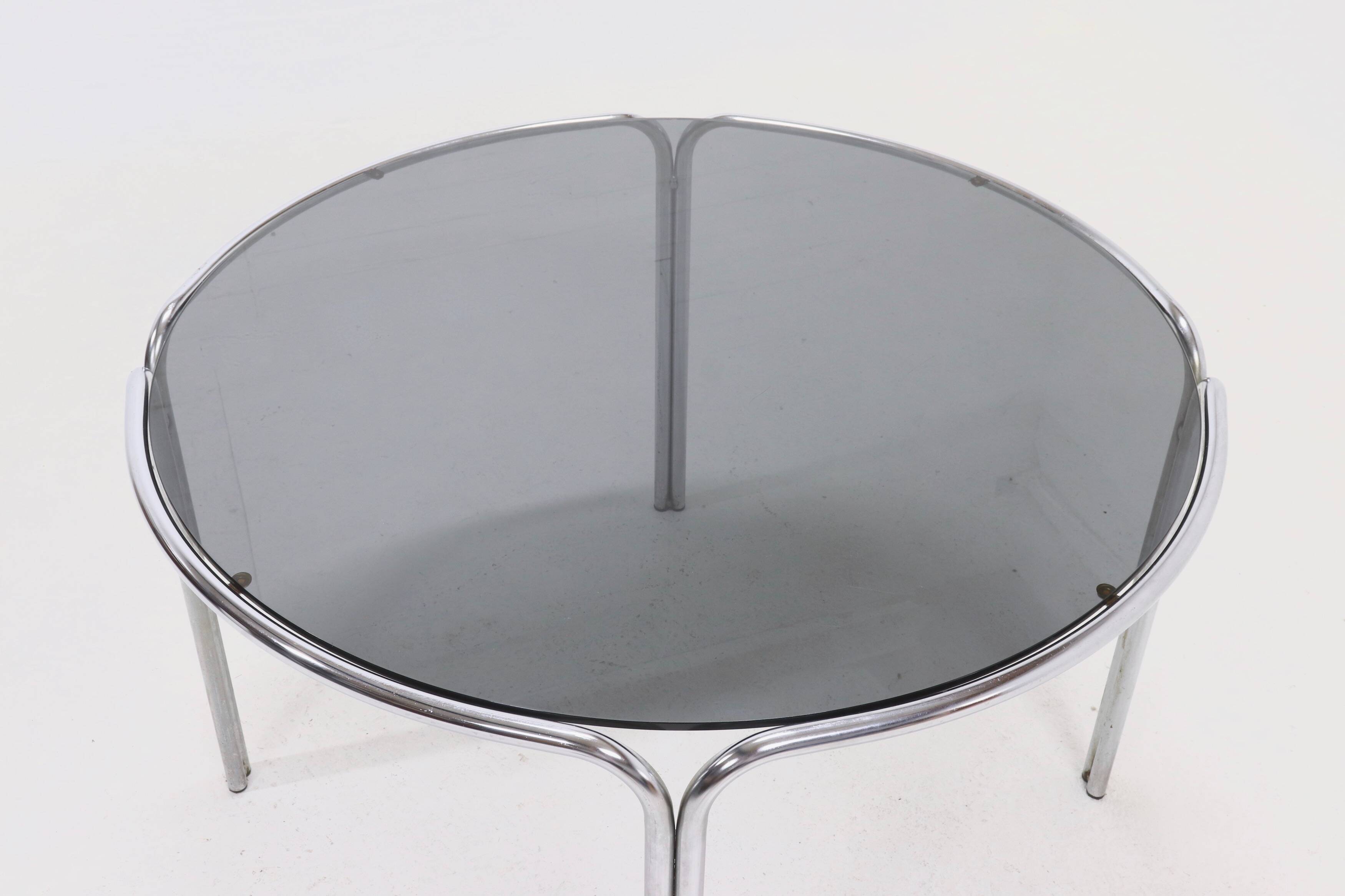 Italian Modern Chrome and Smoked Glass Round Dining Table 1970s