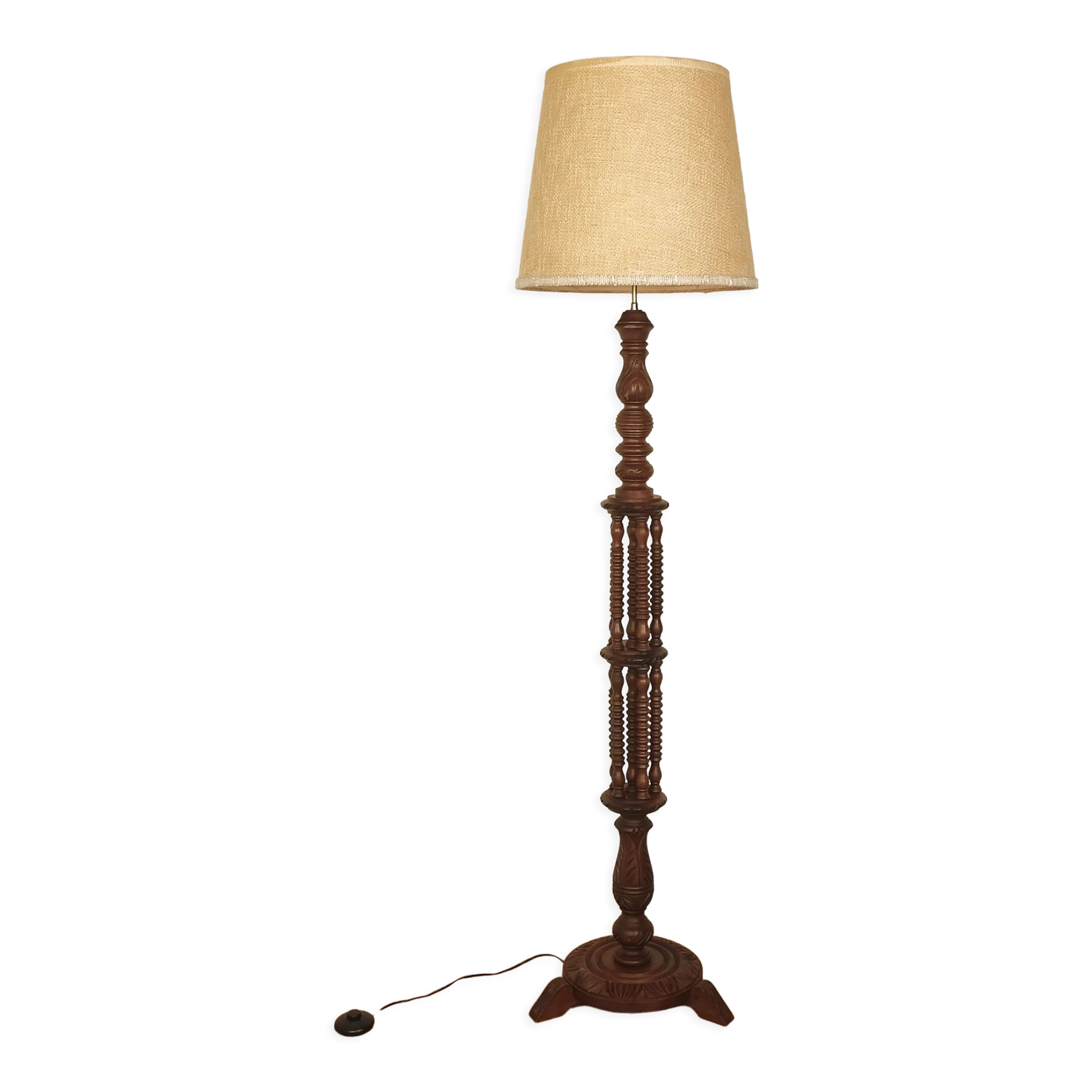 Lampadaire en bois tourné vintage