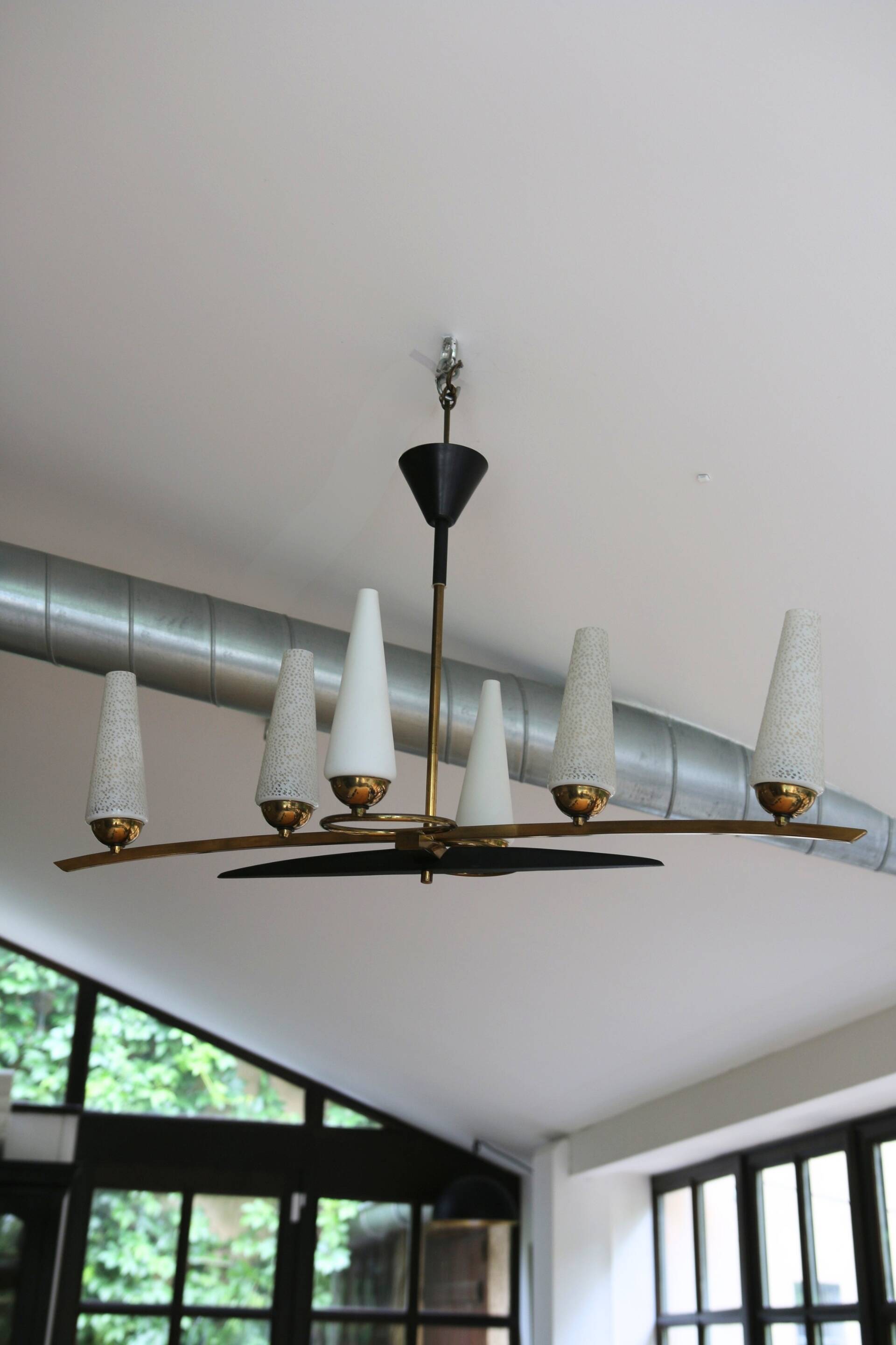 Mid-Century 6-Light Chandelier - Opaline and Brass