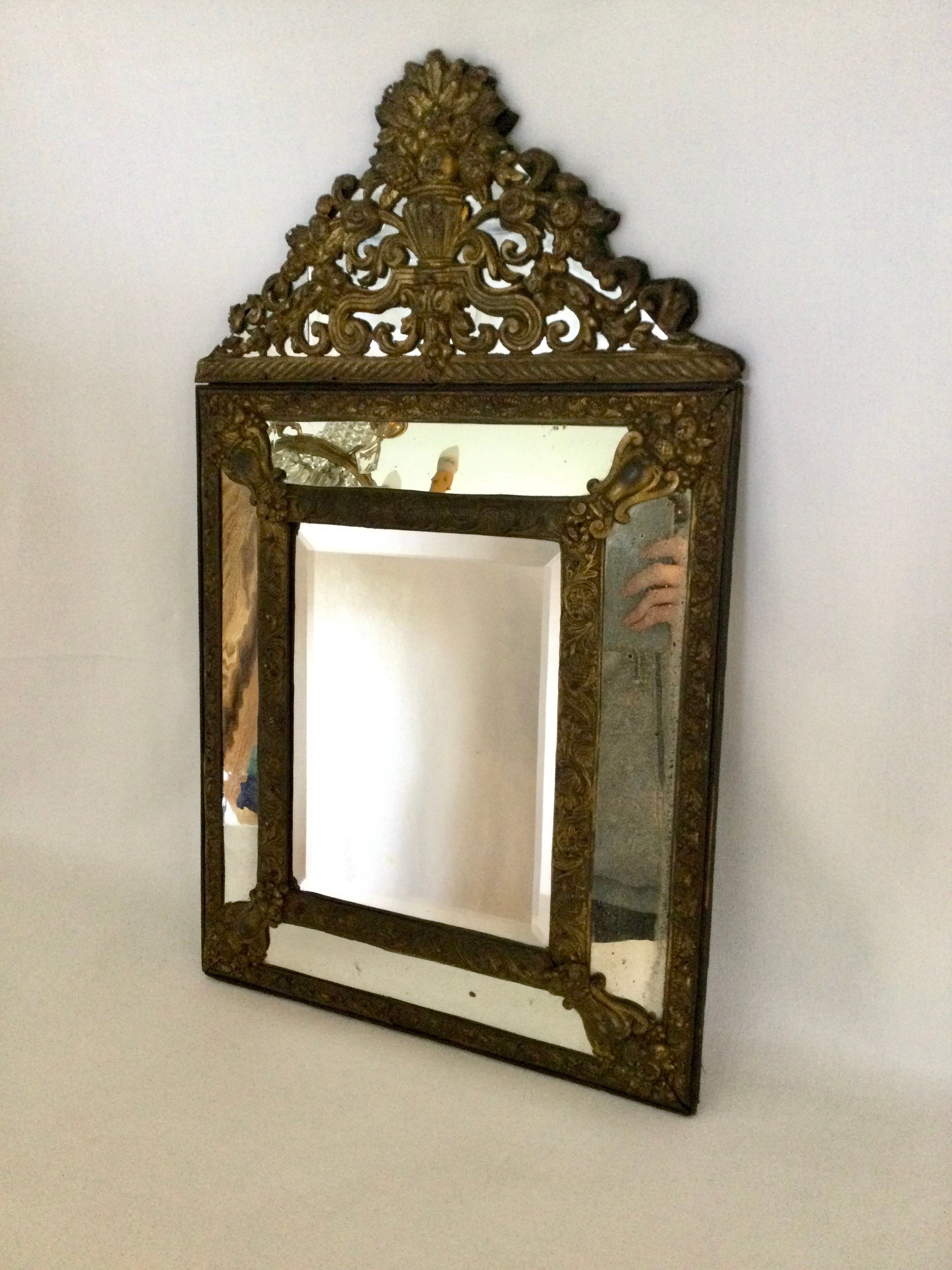 19th century embossed brass mirror with bead - 65x39cm