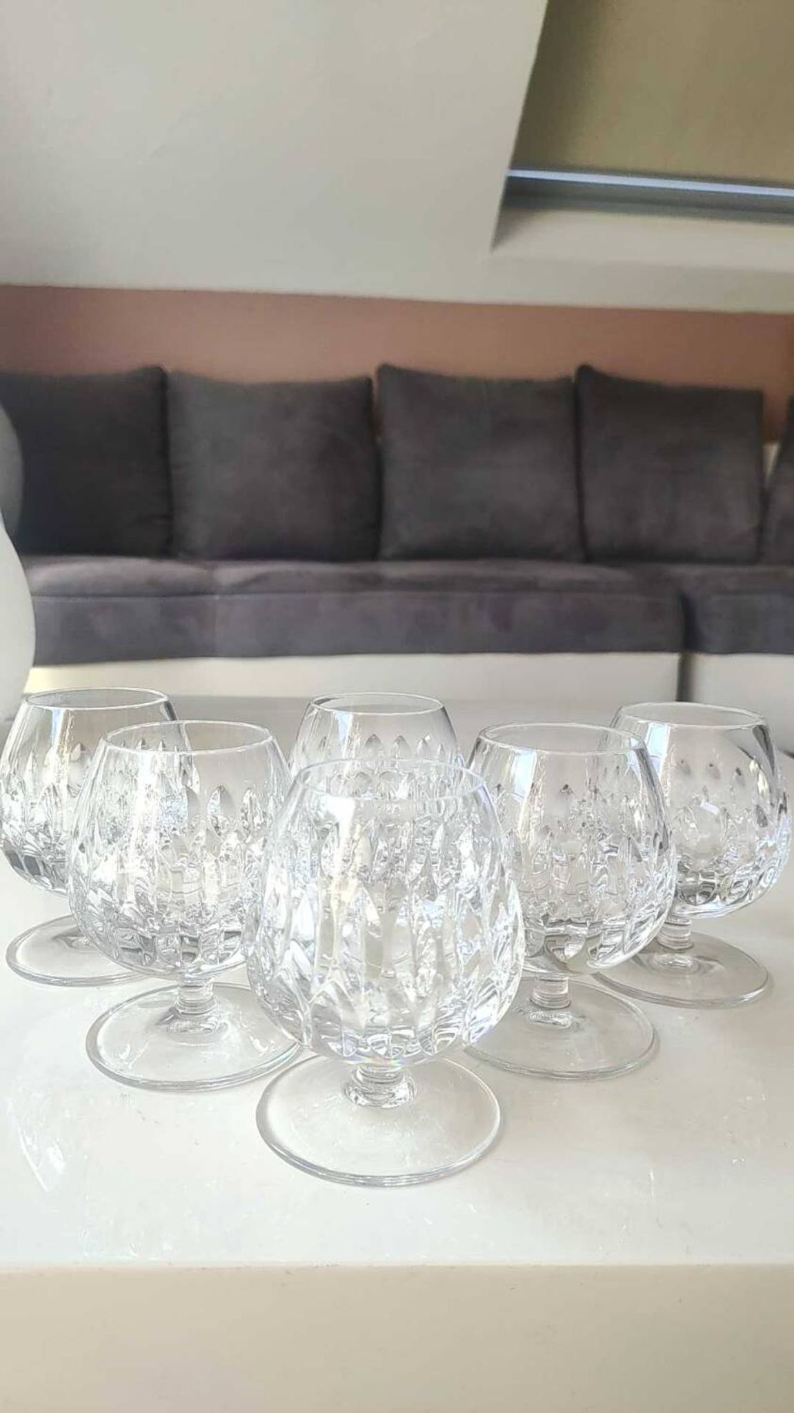 Lot 6 x Verres à Cognac en cristal taillé de Haute qualité. Gorham/Modèle Althéa. Design à double rangées d écailles