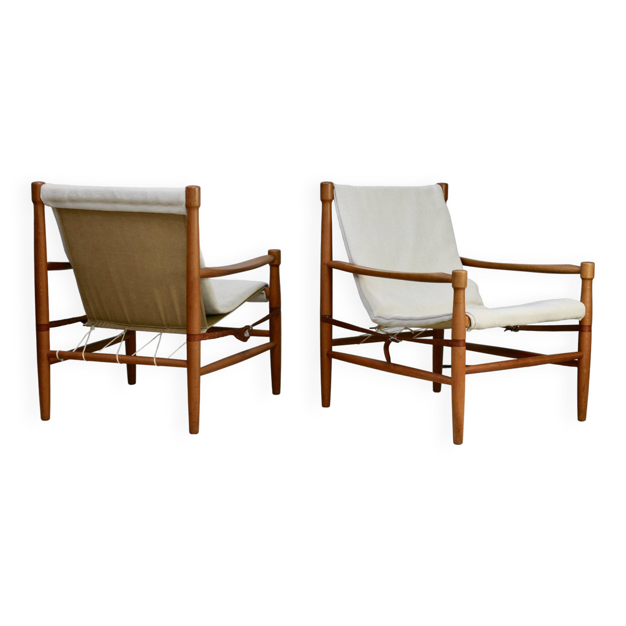 Olav Hodnebo, Suède, Circa 1960: paire de fauteuils scandinaves, toile, bois, corde et cuir.