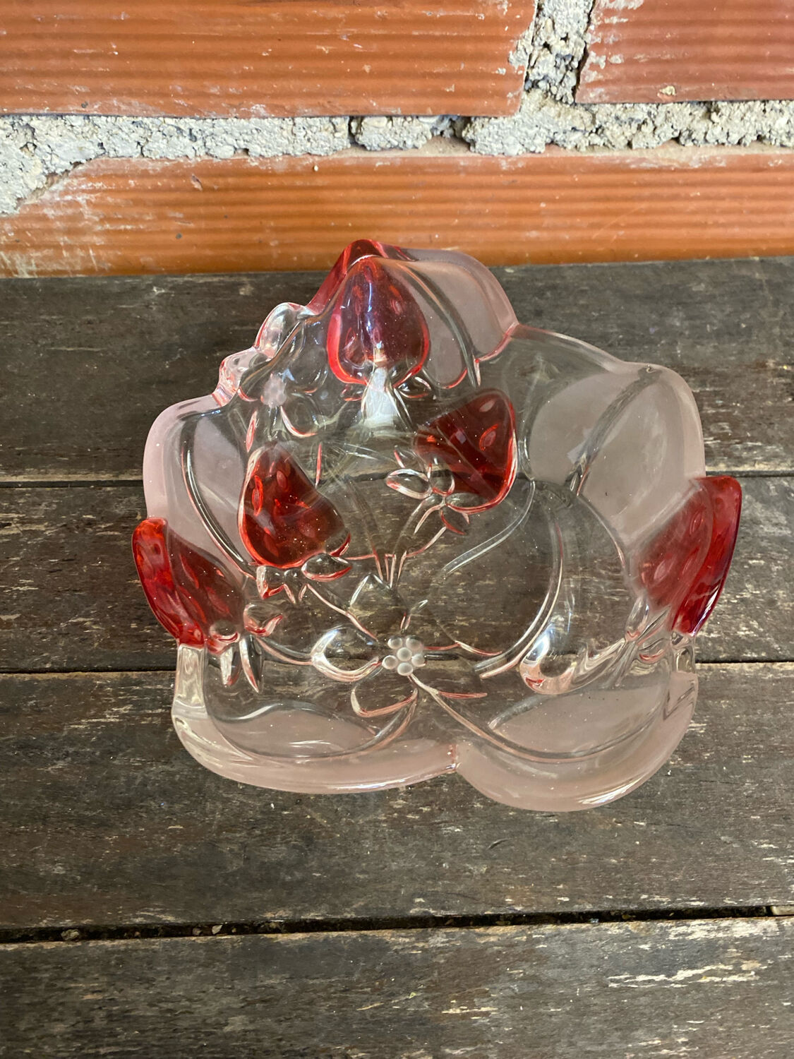 Vintage Ashtray Bowl ANNE HUTTE Style Crystal Strawberry Red Decor