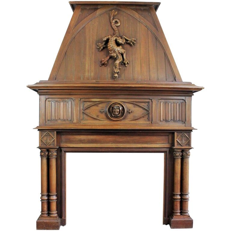 Gothic fireplace, wood, salamander motif, witch and hermitage