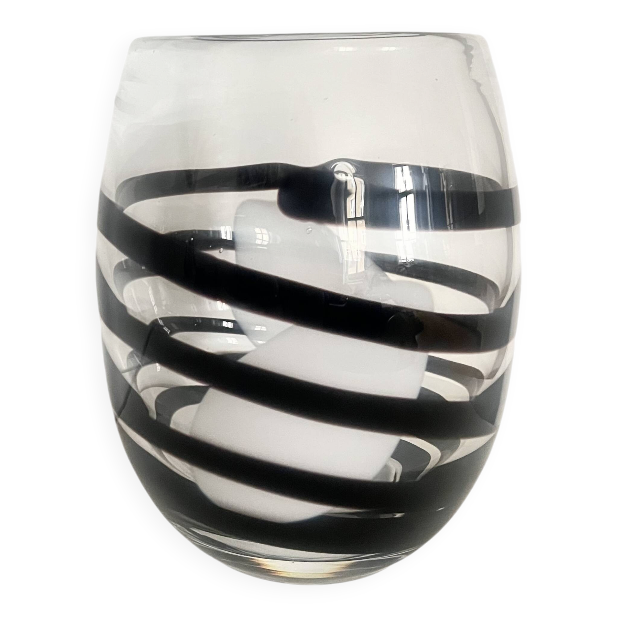 Vintage Kosta Boda Clear & Black Swirl Striped Art Vase, Sweden, 1990s