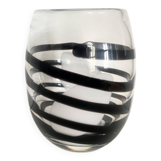 Vintage Kosta Boda Clear & Black Swirl Striped Art Vase, Sweden, 1990s