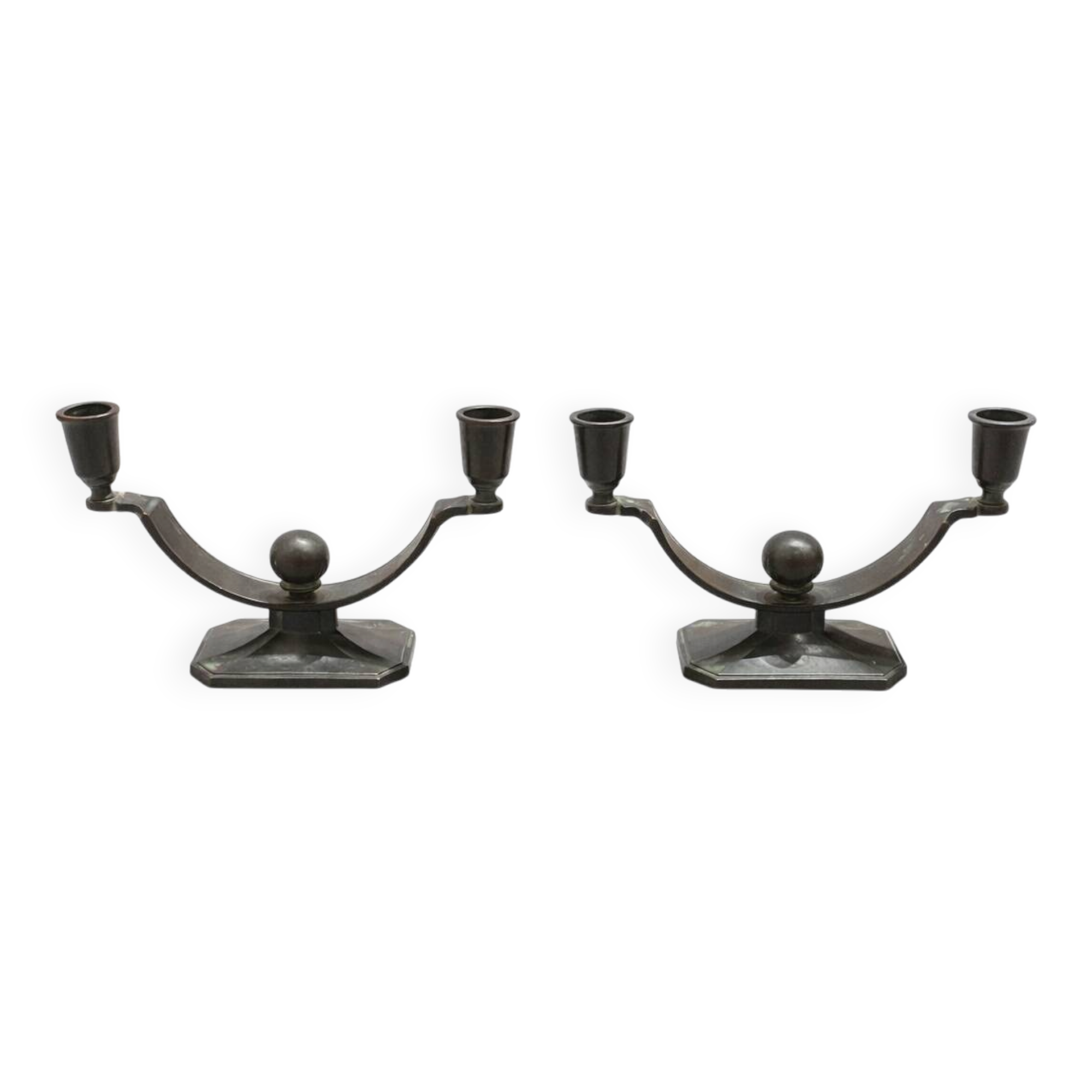 Art Deco candlestick pair by Just Andersen in Disko metal.