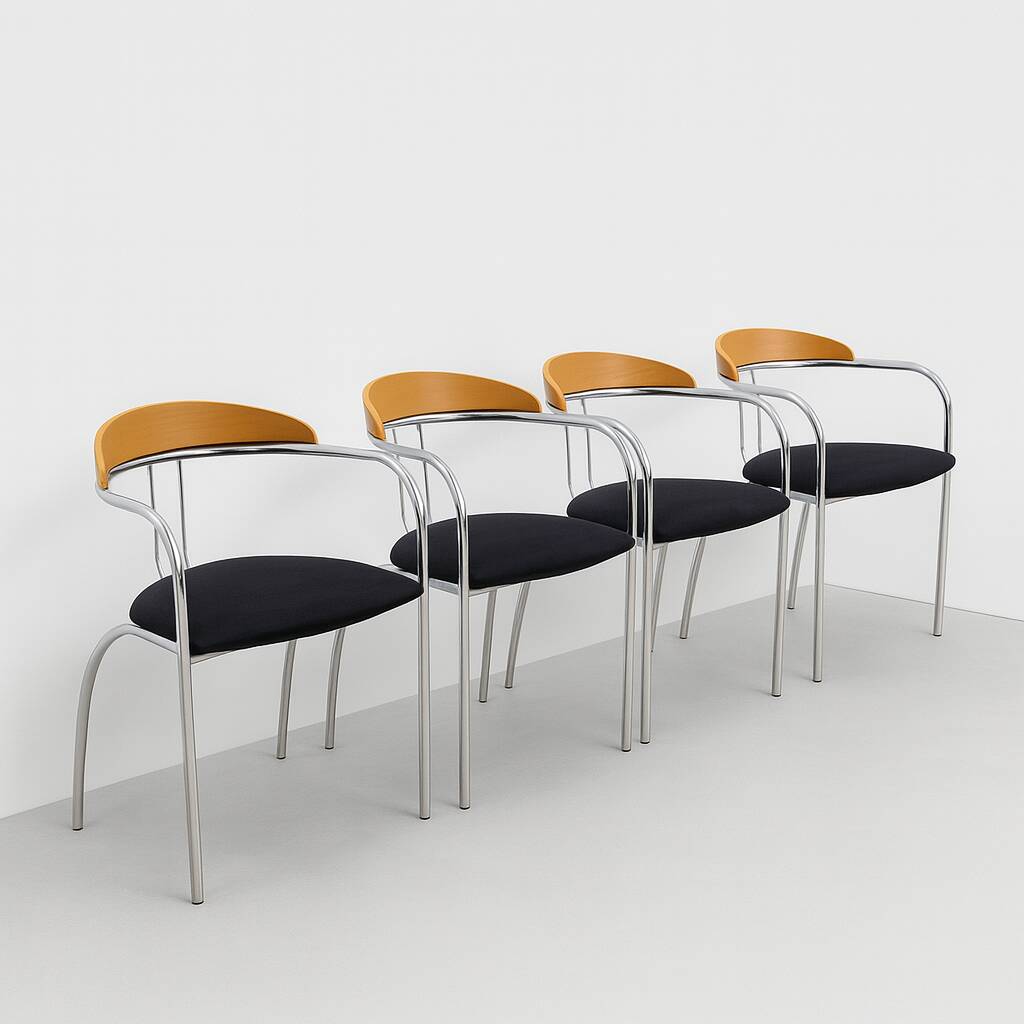 Set of 4 Chrome and Wood Chairs, Italy, 1980s