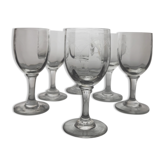 6 19th century engraved wine glasses