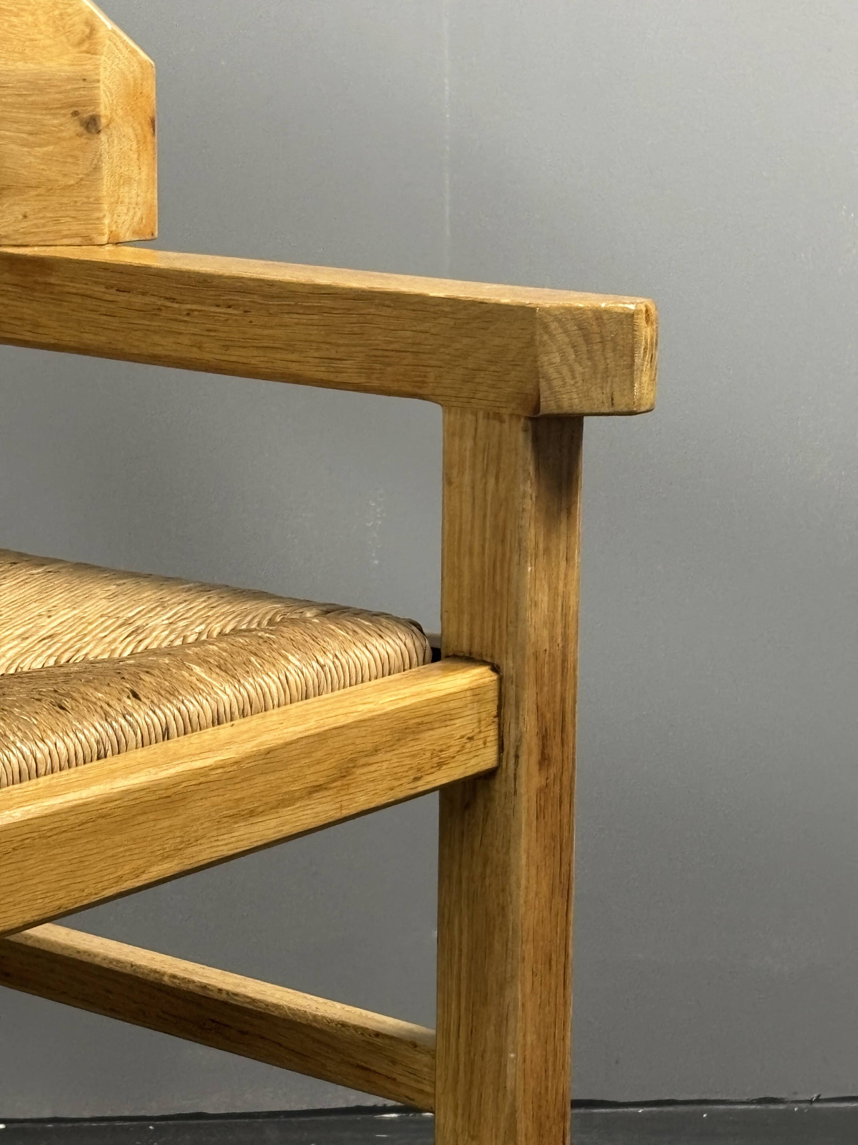 Dutch postmodern brutalist oak corner side chair with rush seat, 1970s