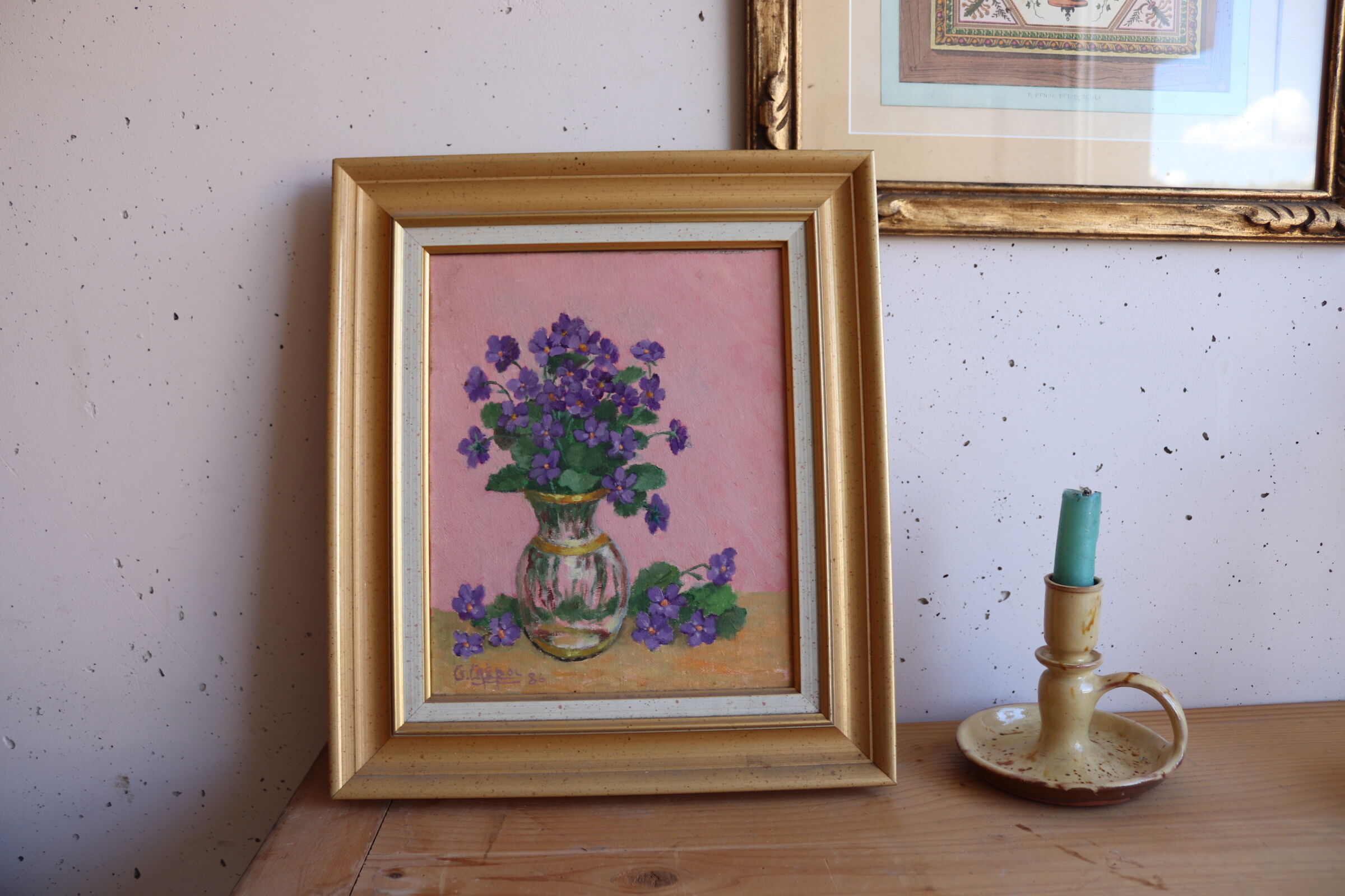 Framed oil on canvas – still life with violets