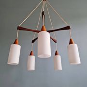 Large Scandinavian chandelier in teak and tubular white opaline, 1960.